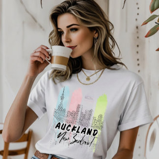 Camiseta Aukland Nova Zelândia Aquarela Linha Arte Silhueta