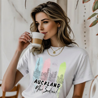 Camiseta Aukland Nova Zelândia Arte de Linha Aquarela Horiz