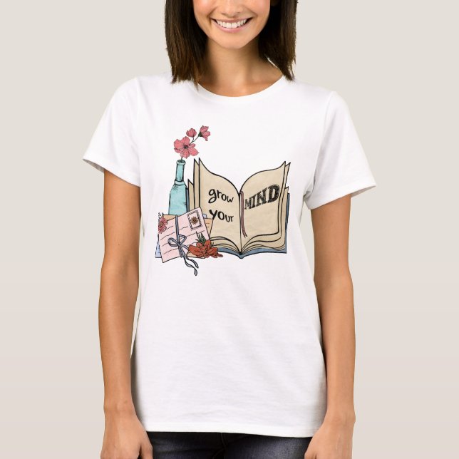 Camiseta Aumente suas letras do livro mental flores vaso (Frente)
