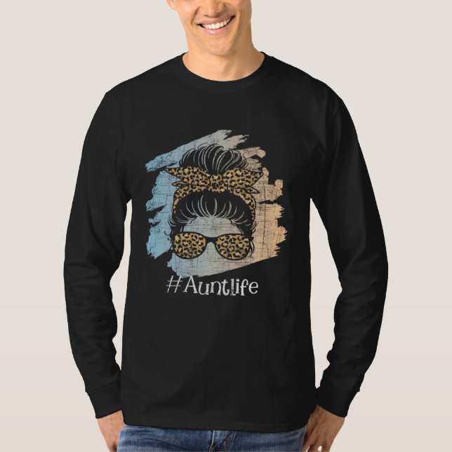 Camiseta Aunt Life Leopard Auntie Aunty Messy Hair Bun Niec (Frente)