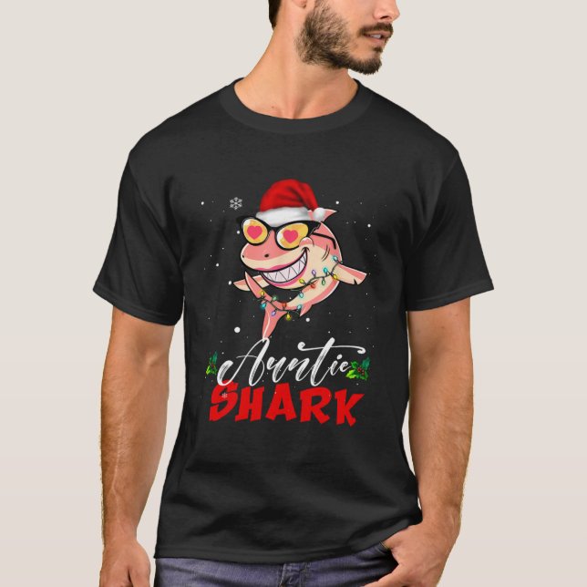 Camiseta Auntie Shark Santa Hat Ugly Christmas Lights Girl  (Frente)