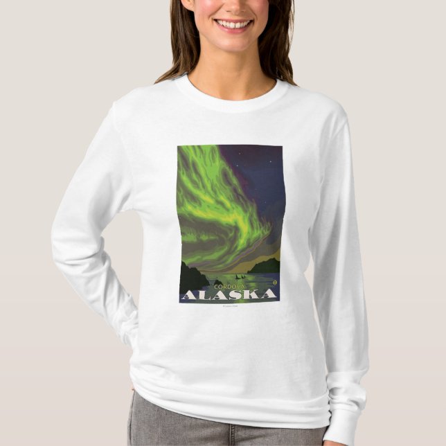 Camiseta Aurora boreal e orcas - Cordova, Alaska (Frente)