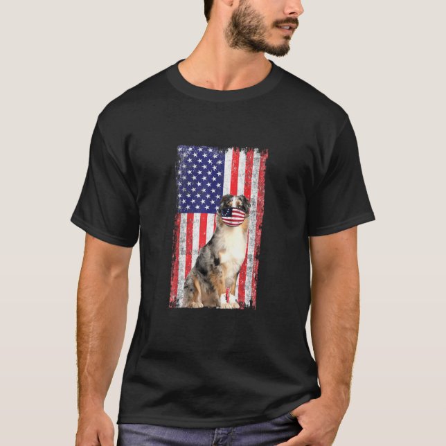 Camiseta Aussie American Flag Dog Veste Face Mask 4th Of Ju (Frente)