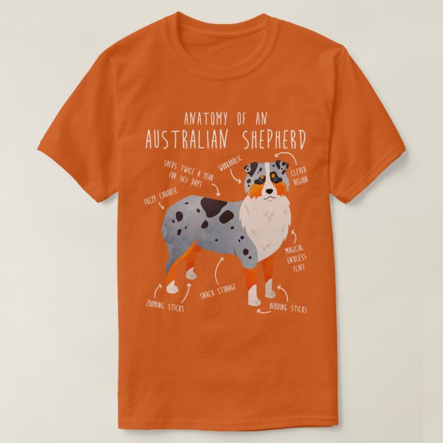 Camiseta Aussie Australiana Shepherd Anatomy 1 (Frente do Design)