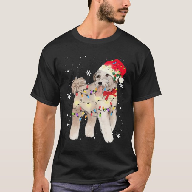 Camiseta Aussiedoodle Cachorro Natal Luz Xmas Mãe Pai Prese (Frente)