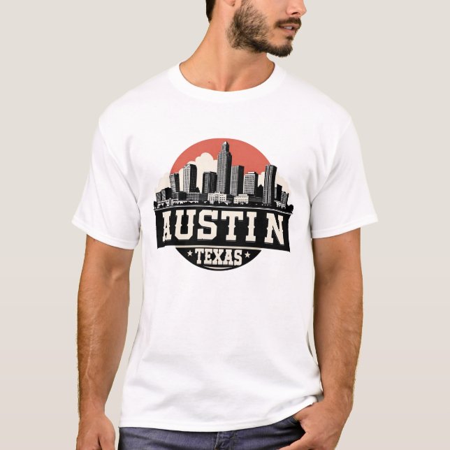 Camiseta Austin City Texas Skyline Retro Black & White Art (Frente)