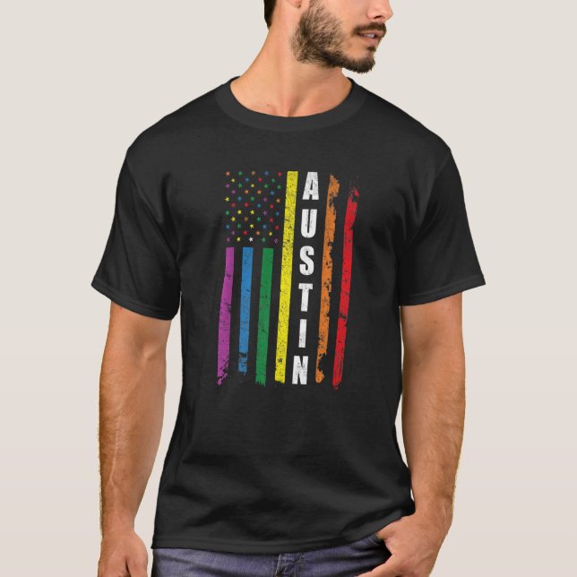 Camiseta Austin Texas Us American Flag Rainbow Gay Lgbt Pri (Frente)