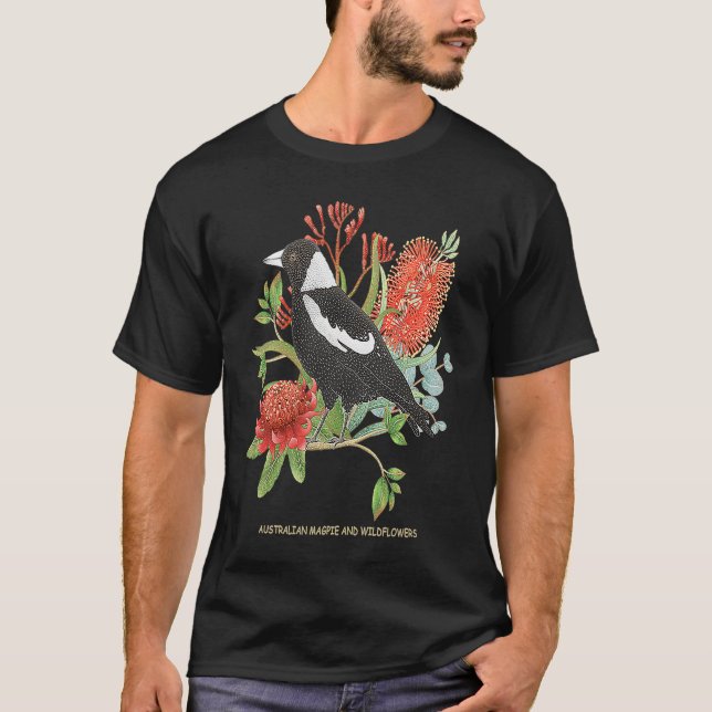 Camiseta Australian Magpie and Wildflowers (Frente)