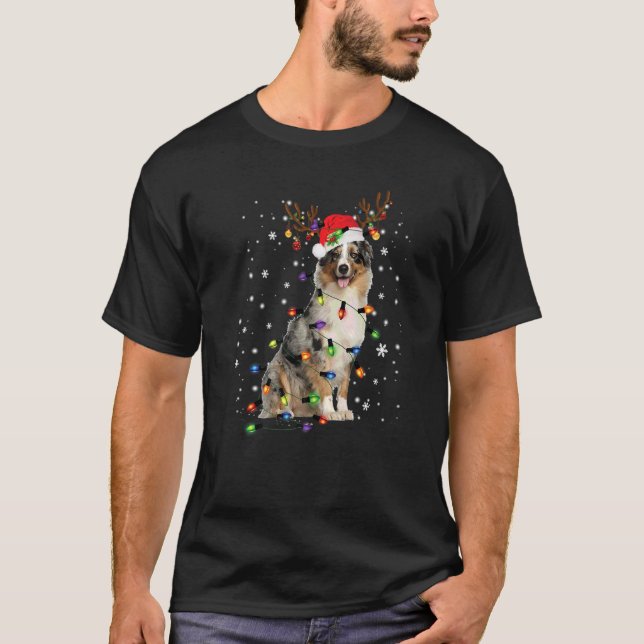 Camiseta Australian Shepherd Christmas Reindeer Santa Hat P (Frente)