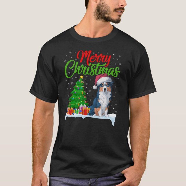 Camiseta Australian Shepherd Dog Christmas Tree Lights Xmas (Frente)
