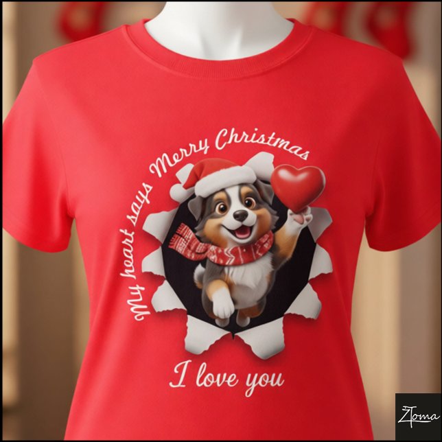 Camiseta Australian Shepherd Puppy Christmas Heart Scarf (Criador carregado)