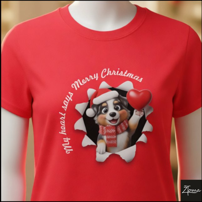 Camiseta Australian Shepherd Puppy Christmas Heart Scarf (Criador carregado)