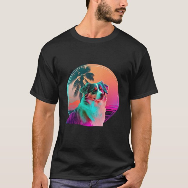 Camiseta Australian Shepherd Synthwave 80s Retrowave Aesthe (Frente)