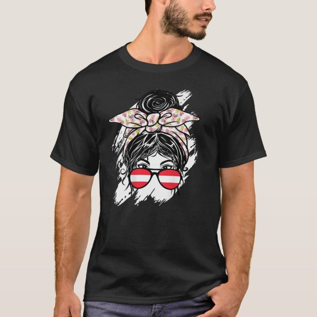 Camiseta Áustria Messy Bun Com Bandana Austrian Flag Sungl (Frente)