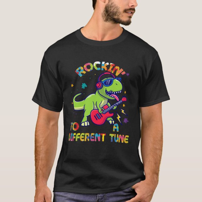 Camiseta Autism Awareness Dino Rex Rockin To Different Tune (Frente)