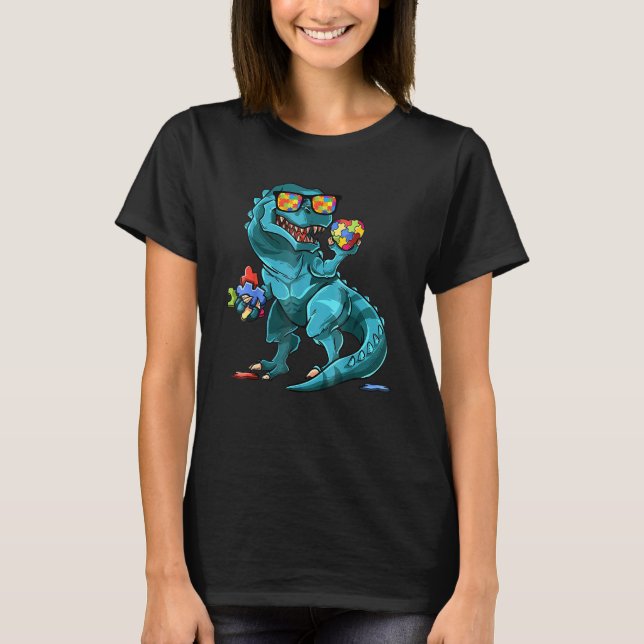 Camiseta Autism Awareness Dinosaur Shirt T Rex Heart Puzzle (Frente)
