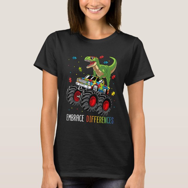 Camiseta Autism Awareness Dinosaur T-rex Monster Truck Boys (Frente)