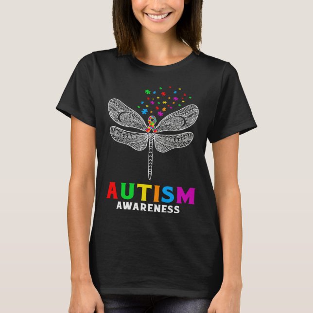 Camiseta Autism Awareness Dragonfly Puzzle Pieces Support A (Frente)