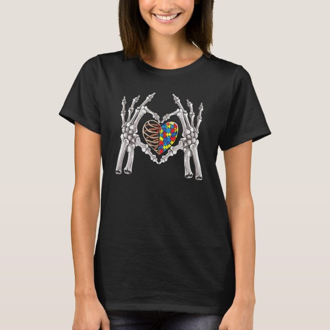 Camiseta Autism Awareness Gothic Skull Hand Autism Puzzle P (Frente)