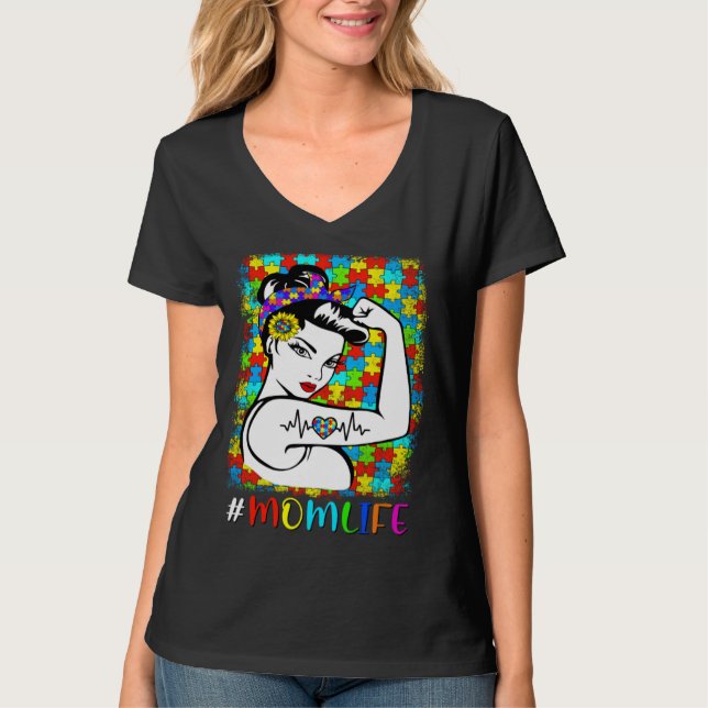Camiseta Autism Awareness MOM LIFE Warrior Autistic Mother  (Frente)