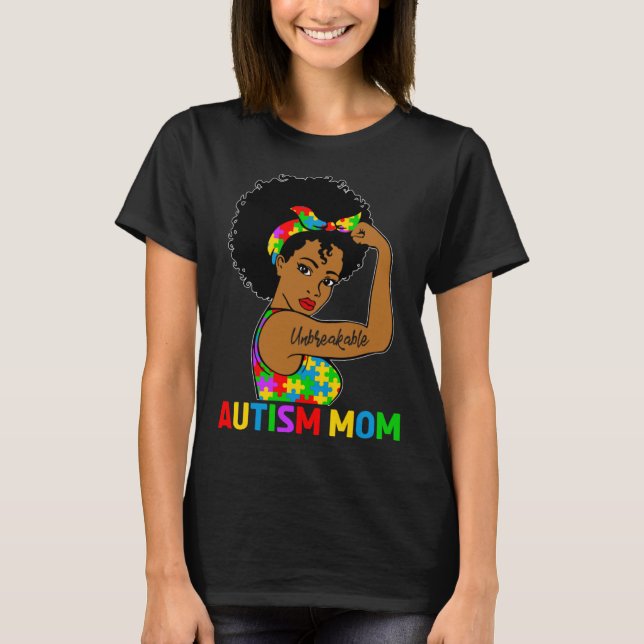 Camiseta Autism Awareness Strong Autism Mom Afro Black Moth (Frente)