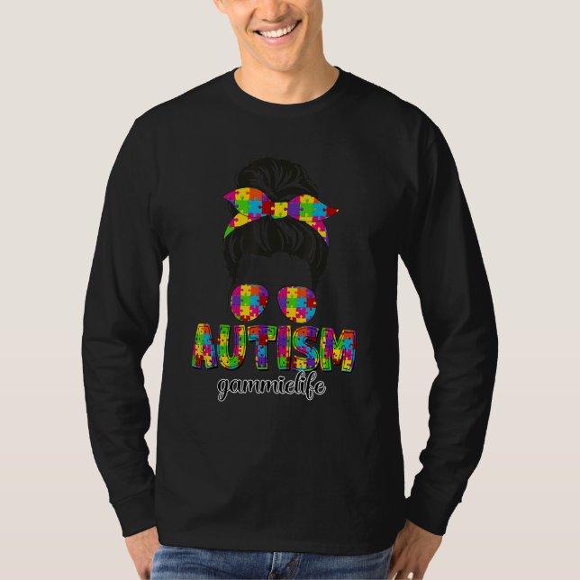 Camiseta Autism Gammie Messy Bun Quebra-cabeça Sunglass Mot (Frente)