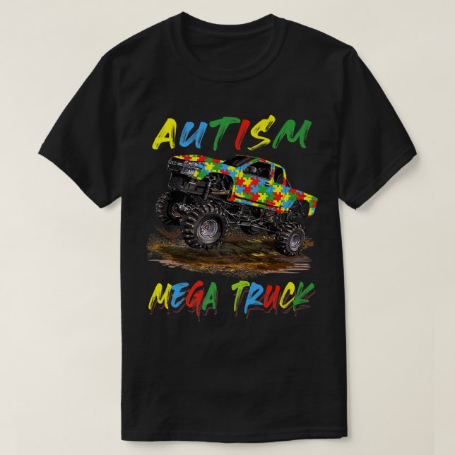 Camiseta Autism Mega Truck Men Women Kids Funny Autism Awar (Frente do Design)