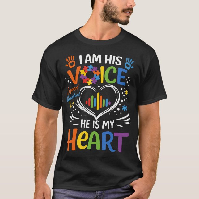 Camiseta Autism Mom I Am His Voice He Is My Heart Puzzle (Frente)