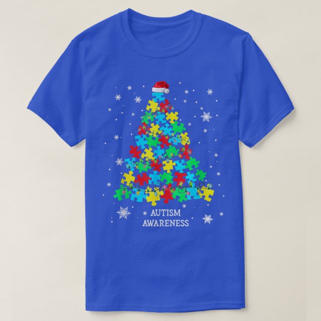 Camiseta Autism Puzzle Pieces Christmas Tree Xmas Lights Su (Frente do Design)