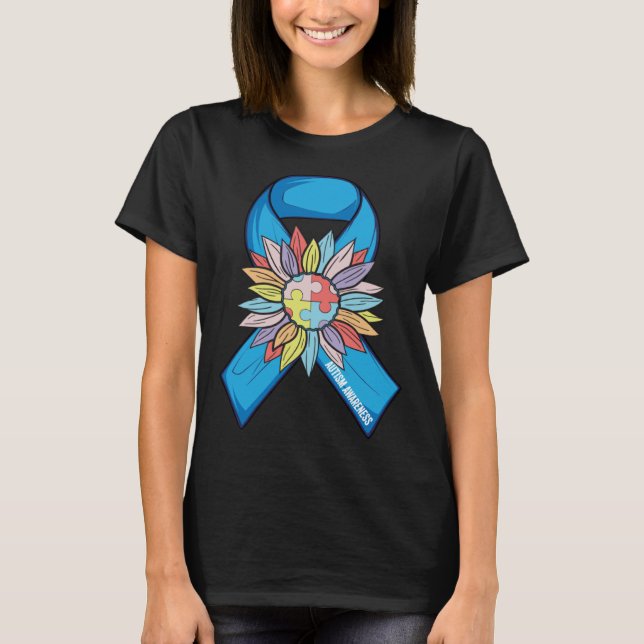 Camiseta Autism Sunflower Blue Ribbon In April We Wear Blue (Frente)