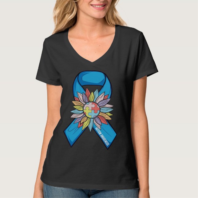 Camiseta Autism Sunflower Blue Ribbon In April We Wear Blue (Frente)