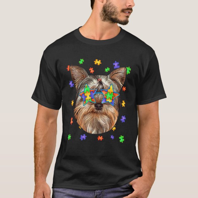 Camiseta Autism Yorkshire Terrier Dog Quebra-cabeça Sunglas (Frente)