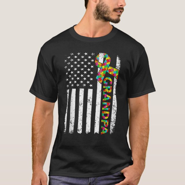 Camiseta Autismo Afastado Avô Americano Bandeira Family Mat (Frente)