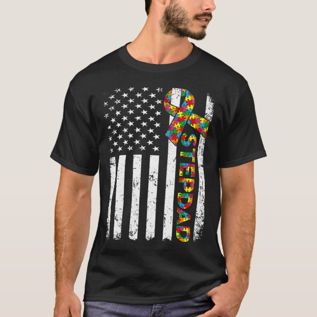 Camiseta Autismo Afastado Stepdad Americano Flag Family Mat (Frente)
