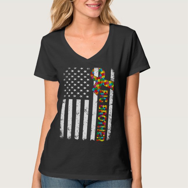 Camiseta Autismo angustiado Grande Irmão Americano Flag Fam (Frente)