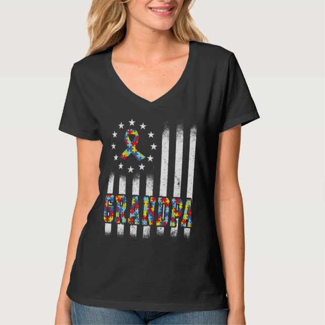 Camiseta Autismo Avô Americano Flag Awarness Family Match (Frente)