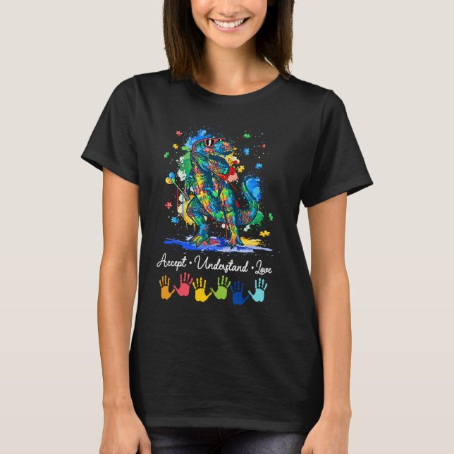 Camiseta Autismo Consciência Aceita Compreender Dinossauro  (Frente)