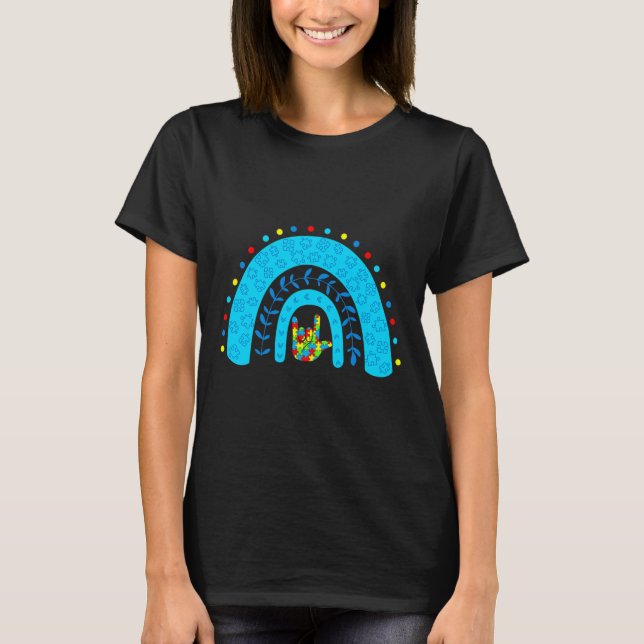 Camiseta Autismo Consciência Arco-Íris Suporte Símbolo de Q (Frente)