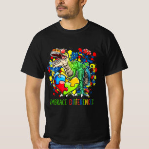 Camiseta Autismo Diferenças de Embrace Dinossauro T-Rex Cri