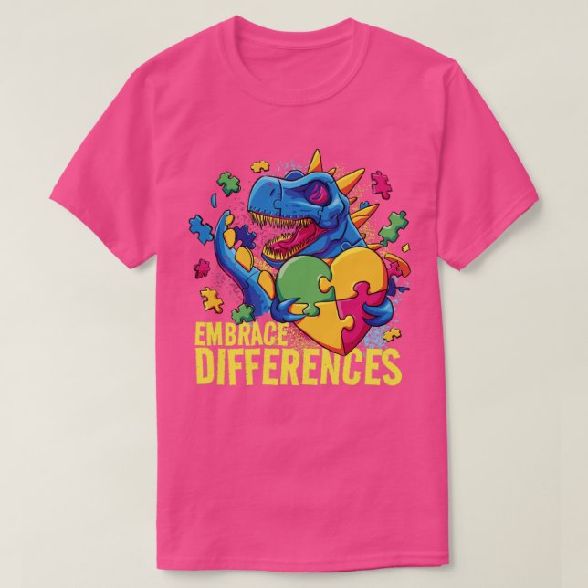 Camiseta Autismo Diferenças de Embrace Dinossauro TRex Cria (Frente do Design)