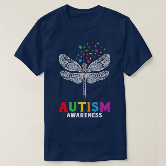 Camiseta Autismo Dragonfly Quebra-cabeça Autismo Sensibiliz (Frente do Design)