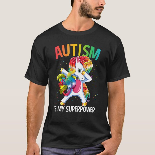 Camiseta Autismo É Meu Superpoder Dabbing Unicórnio (Frente)
