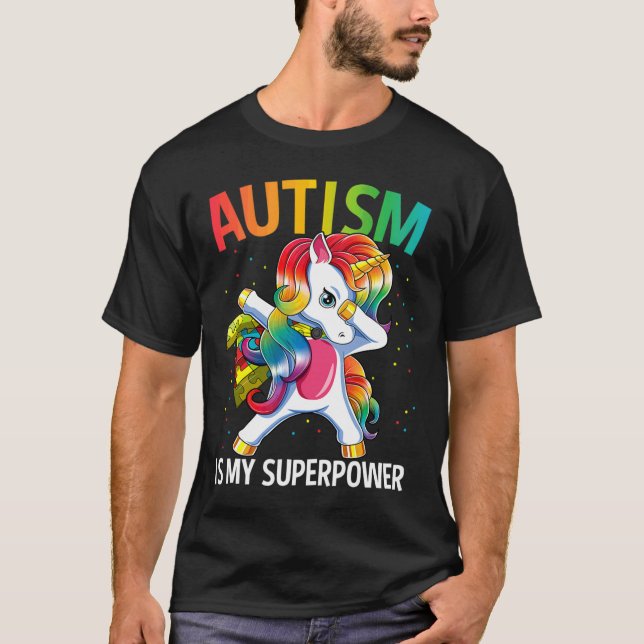Camiseta Autismo É Meu Superpoder Dabitando Unicórnio (Frente)