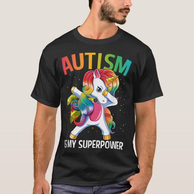 Camiseta Autismo É Meu Superpoder Dabitando Unicórnio (Frente)