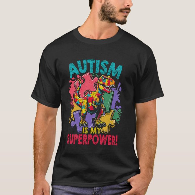 Camiseta Autismo É Meu Superpoder Dinossauro Crianças Menin (Frente)