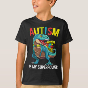 Camiseta Autismo É Meu Superpoder Peça de Puzzle de Dinossa