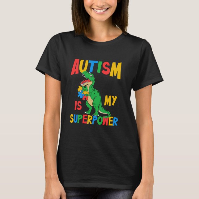 Camiseta Autismo É Meu Superpoder T-rex Puzzle Conscientiza (Frente)