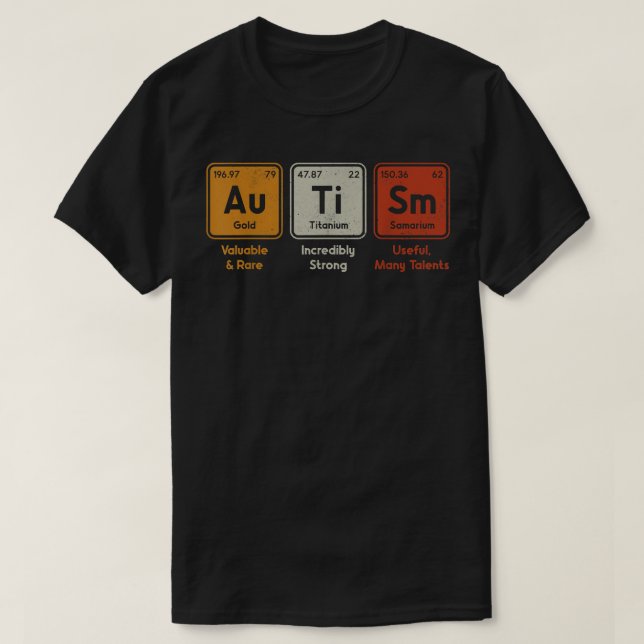 Camiseta Autismo Elementos de Mesa Periódicos Ortografia Au (Frente do Design)