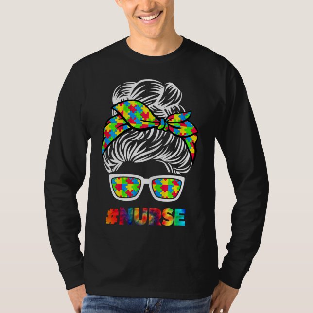Camiseta Autismo Enfermeira Messer Bun Sunglass Bandana Mãe (Frente)
