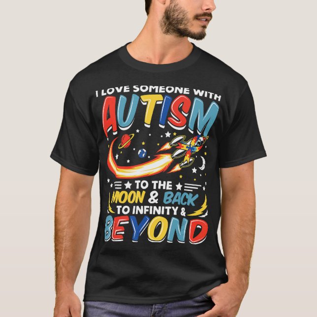 Camiseta Autismo-Eu Amo Alguém Com Autismo Até a Lua Amp  (Frente)